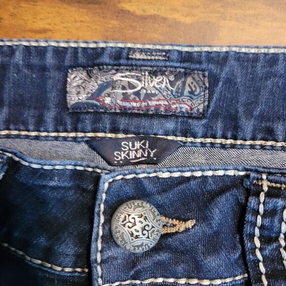 Silver Jeans Womens 27 Suki Skinny Open Button Flap Pockets Low Rise Dark Wash - Picture 5 of 13